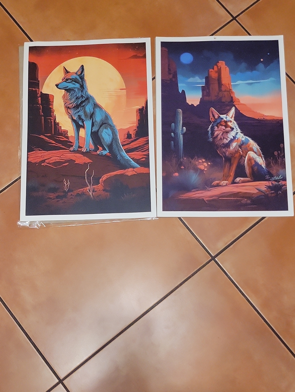 Set Of 2 Unframed 13x19in Posters Stylized Art Coyote Full Moon
